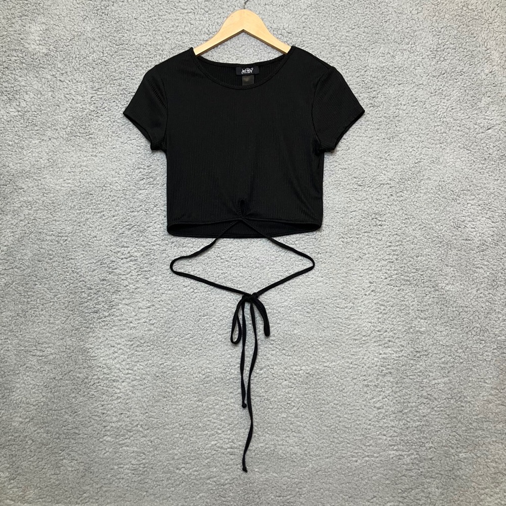 Y2K VTG Just Polly Waist Wrap Tie Crop Top Women XS / S Black Ribbed Mobwife Tee